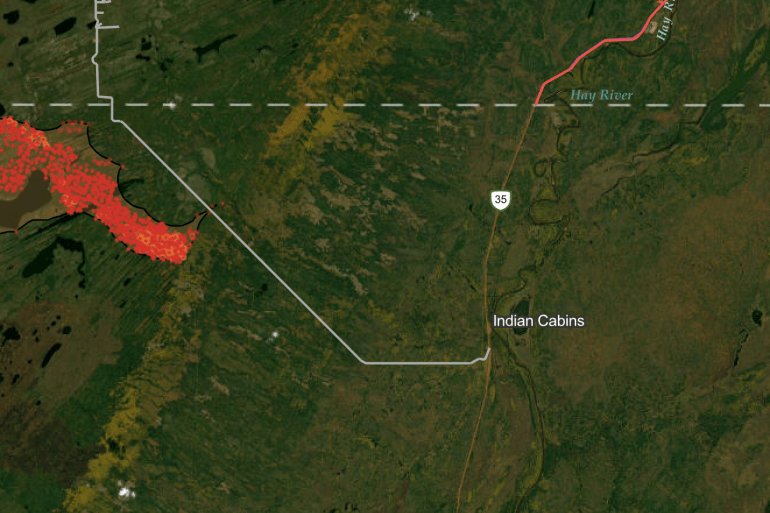 A map shows wildfire hot-spots west of Indian Cabins on August 18, 2023.