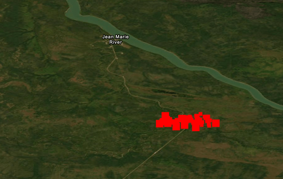 A wildfire south of Jean Marie River is shown on satellite hot-spot imagery from the Firms wildfire tracking website.