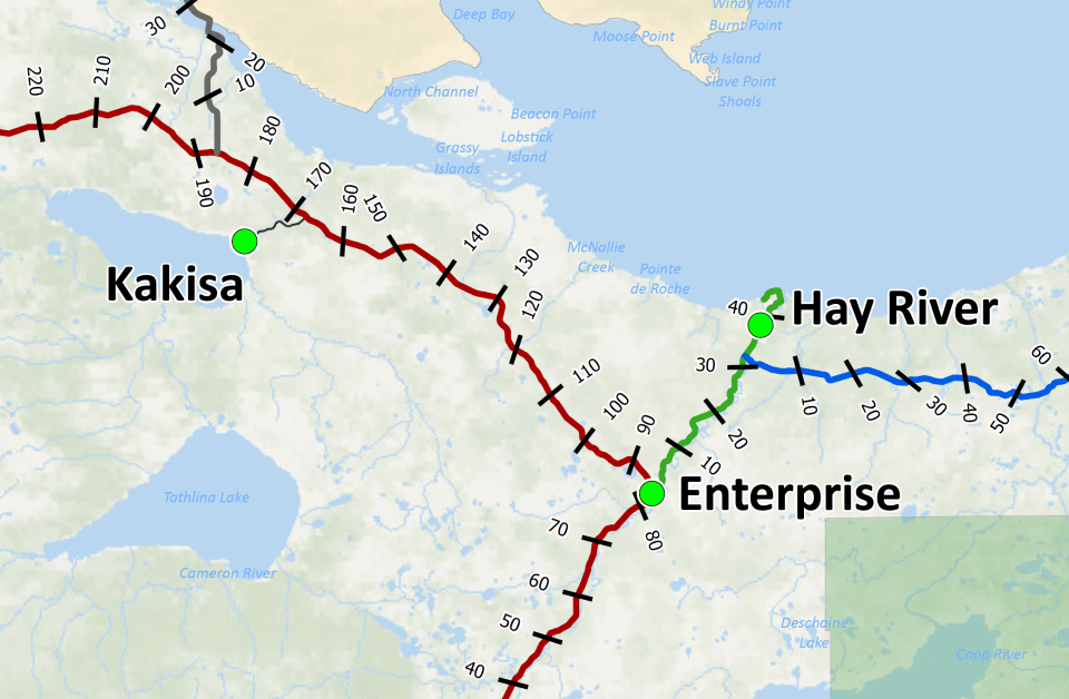 A GNWT map shows kilometre markers on Highway 1 between Kakisa and Enterprise.