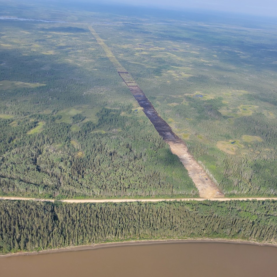 An aerial view of a fire break built using heavy equipment in the Fort Fitzgerald area next to the Slave River. Photo: Wood Buffalo National Park