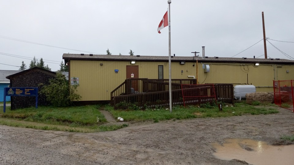 An RCMP building in Whatì in June 2023. Chloe Williams/Cabin Radio