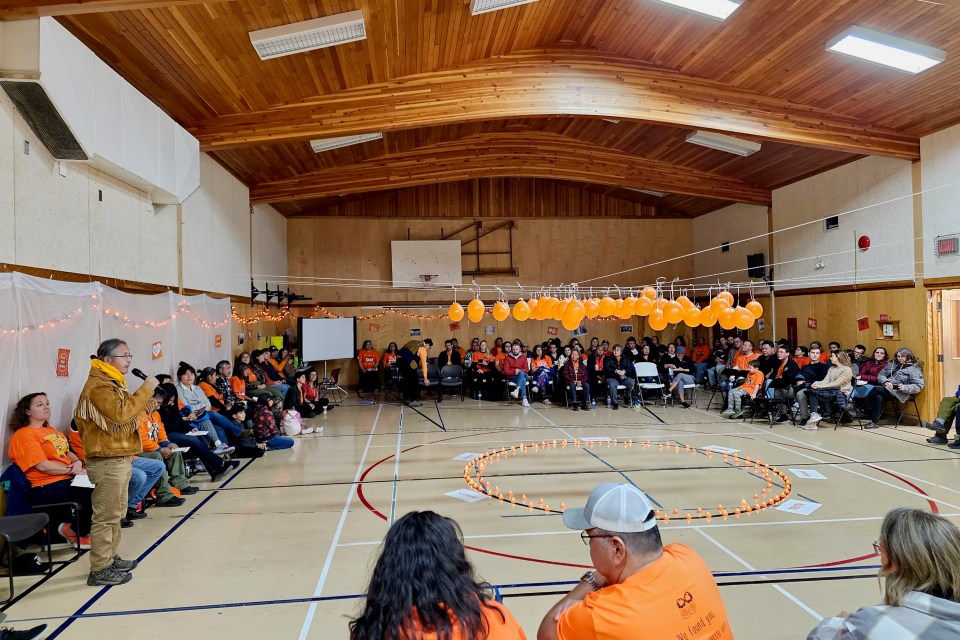 Dene National Chief Gerald Antoine addresses an audience inside the Ndılǫ gym on September 30, 2023. Ollie Williams/Cabin Radio