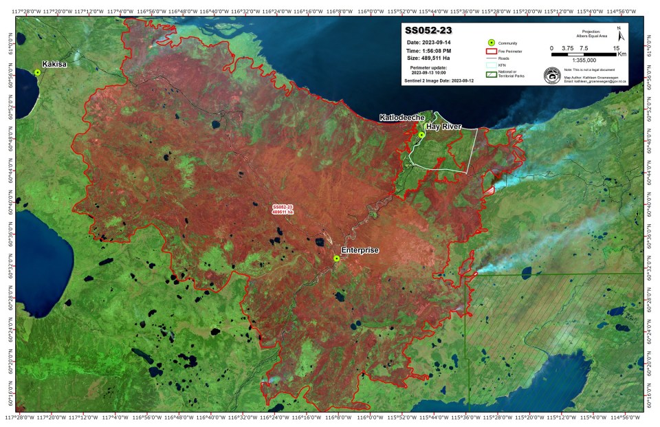 A map of the SS052 fire's burn area as of September 14, 2023. Image: GNWT