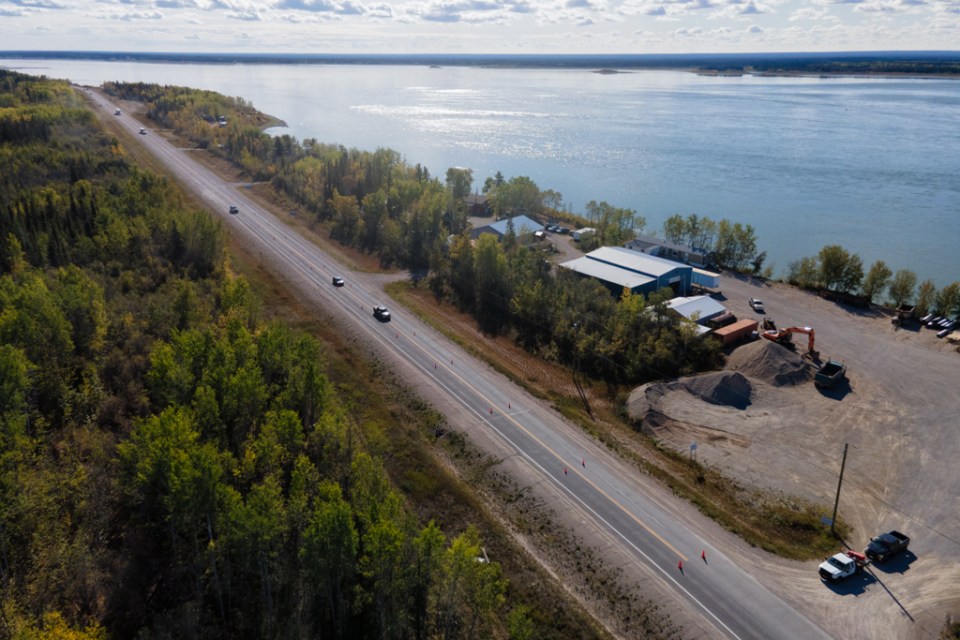 An aerial view of a pylon system approaching Big River service centre in Fort Providence on September 4, 2023. Photo: Thorsten Gohl