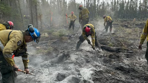 Firefighters use tools to expose deep-burning hot spots that will later be extinguished with water in the Wood Buffalo Complex fire on September 7, 2023. Photo: Wood Buffalo National Park