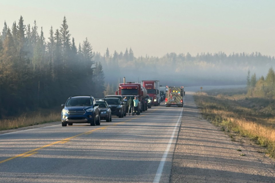 A lineup of vehicles on Highway 1 on September 9, 2023. Photo: Helen Barrieau