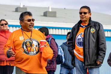 Chief Fred Sangris, left, and Chief Ernest Betsina.