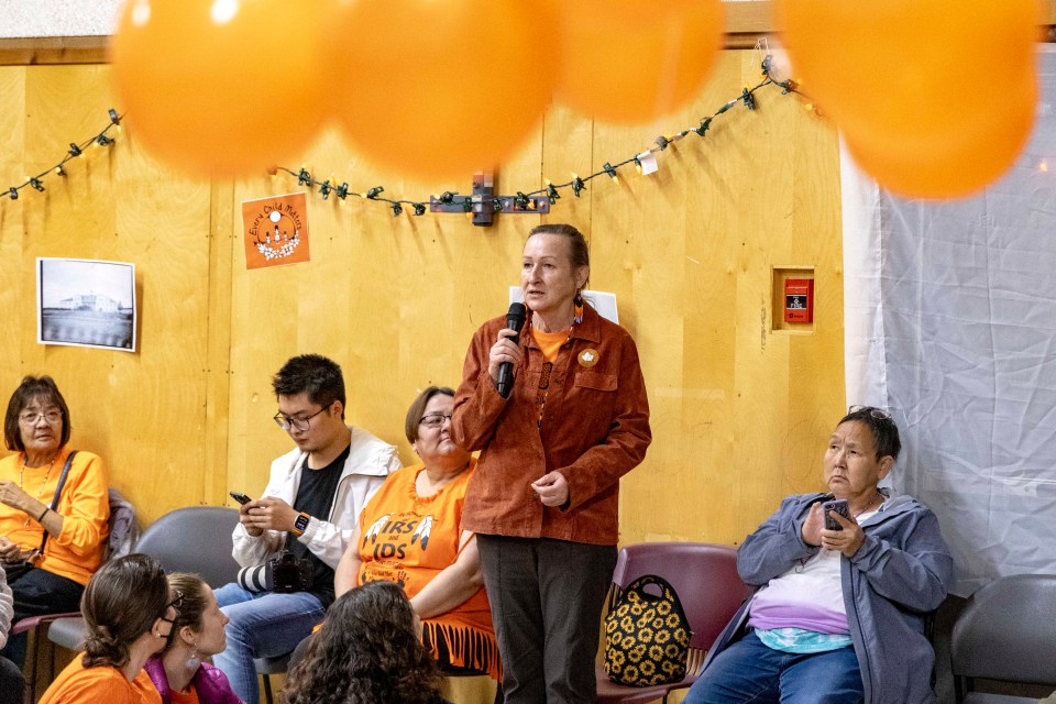 Premier Caroline Cochrane speaks at a National Day for Truth and Reconciliation gathering in 2023.