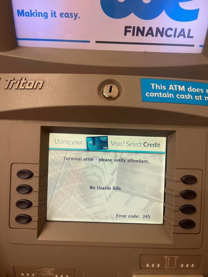An ATM in Fort Simpson states it has no money left to dispense. Photo: Sean Whelly