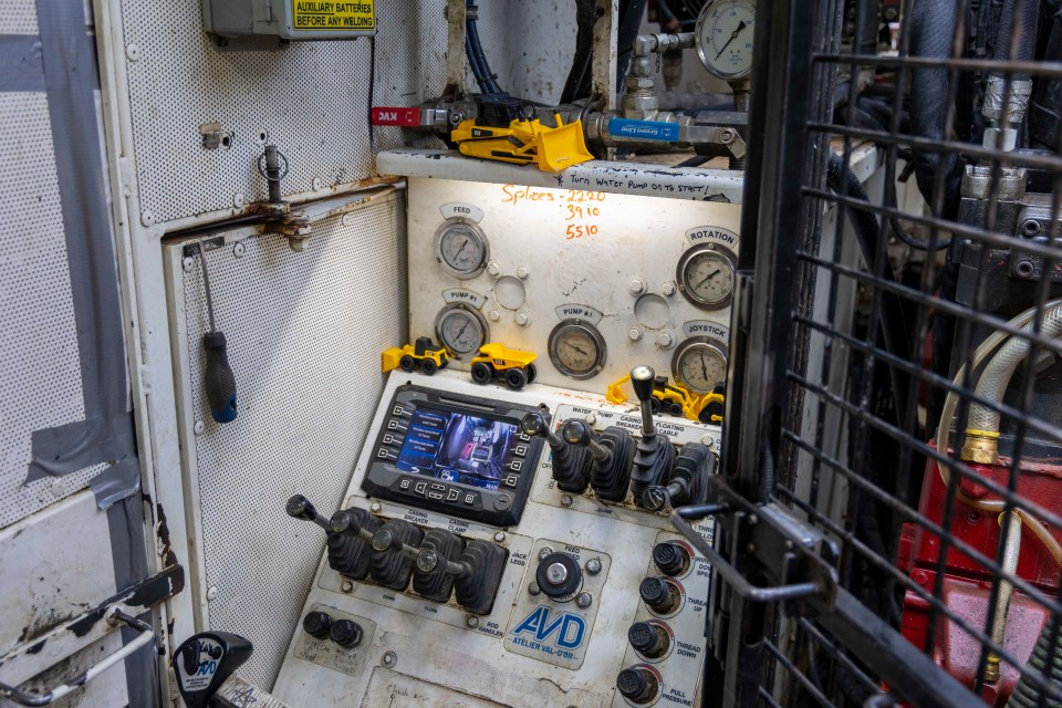 The control panel beside a drill rig on the Con Mine site on October 17, 2023. Ollie Williams/Cabin Radio