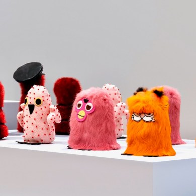 Kablusiak works titled Red Ookpik with Hat, Red Ookpik, Plucked Ookpik, Furby Ookpik and Garfield Ookpik. Photo: National Gallery of Canada