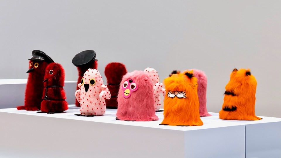 Kablusiak works titled Red Ookpik with Hat, Red Ookpik, Plucked Ookpik, Furby Ookpik and Garfield Ookpik. Photo: National Gallery of Canada