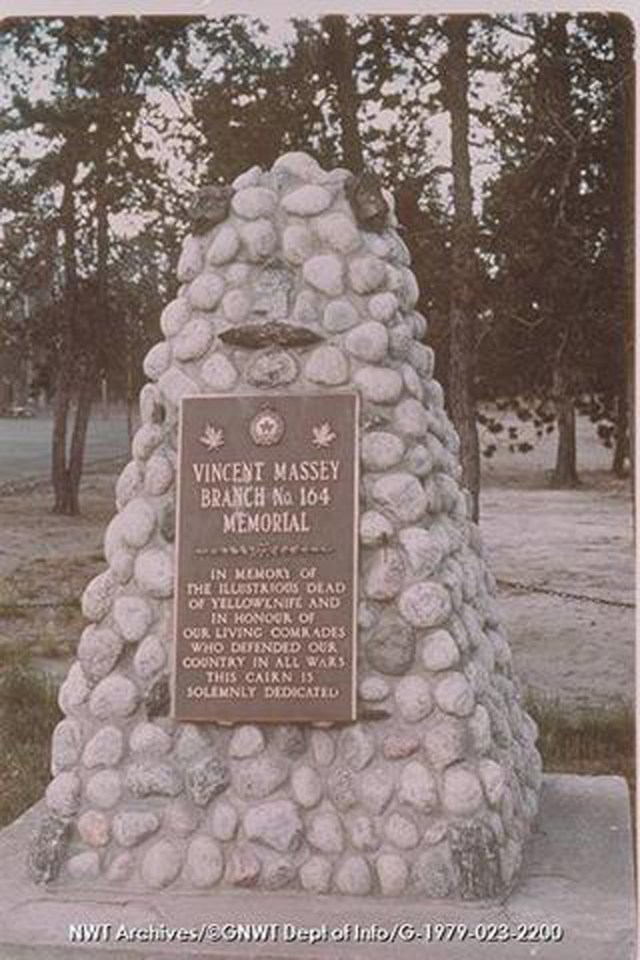 The Vincent Massey Branch memorial as it stood in Petitot Park (now Somba K'e Park), likely in the 1970s. NWT Archives/Northwest Territories. Department of Information fonds/G-1979-023: 2200