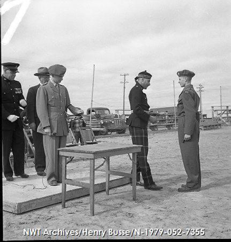 An army cadet receives an award during a Yellowknife ceremony in June 1953. NWT Archives/Henry Busse fonds/N-1979-052: 7355