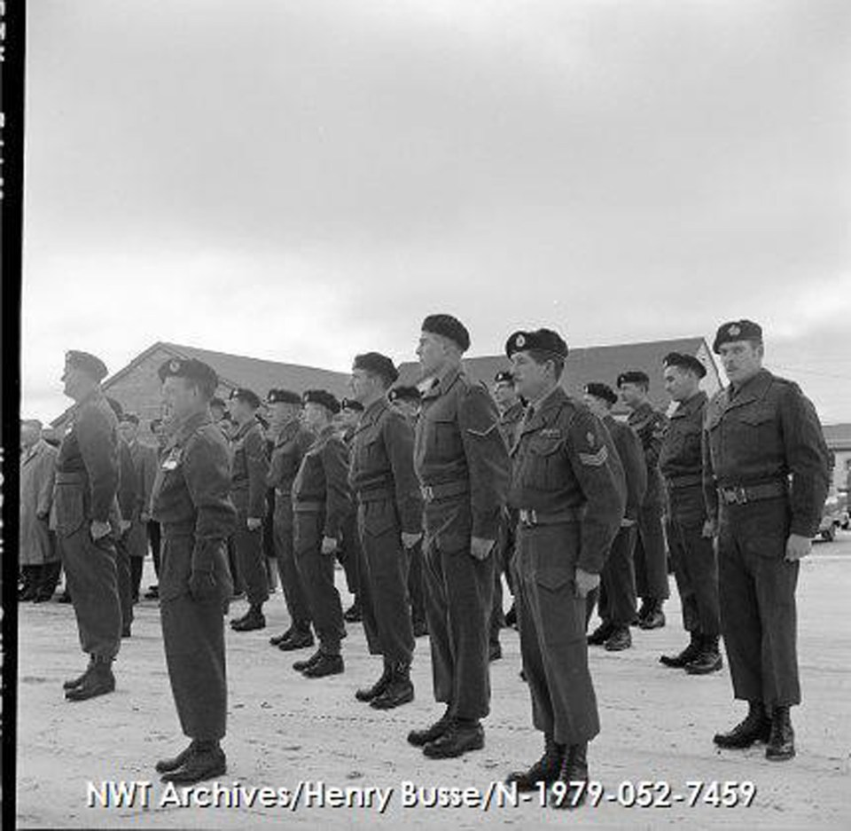 Soldiers stand at attention during the 1957 ceremony. NWT Archives/Henry Busse fonds/N-1979-052: 7459