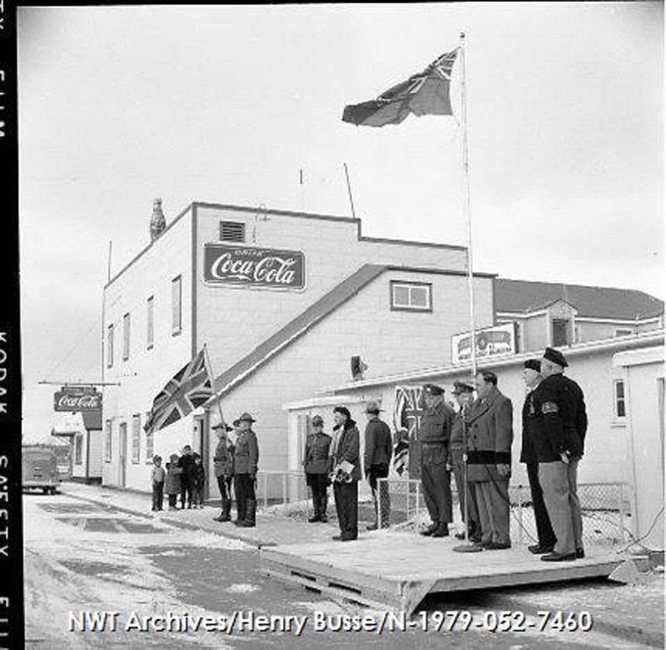 The News of the North newspaper reported that at the 1957 ceremony, Yellowknife's then-mayor Fred Henne had "stressed the important role played by the Canadian Legion in the community." NWT Archives/Henry Busse fonds/N-1979-052: 7460