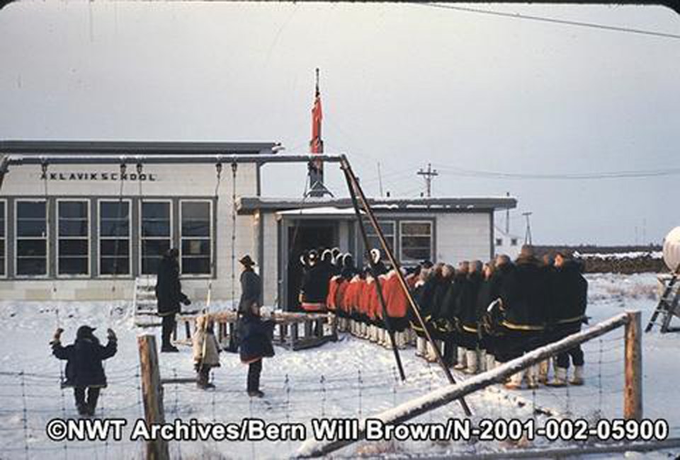 Akavik's Remembrance Day ceremony in 1956. NWT Archives/Bern Will Brown fonds/N-2001-002: 05900