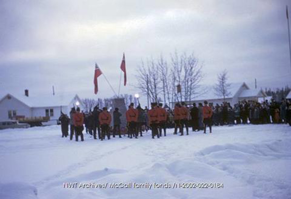 A Remembrance Day ceremony in Fort Smith in the 1950s. NWT Archives/McCall family fonds/N-2002-022: 0184