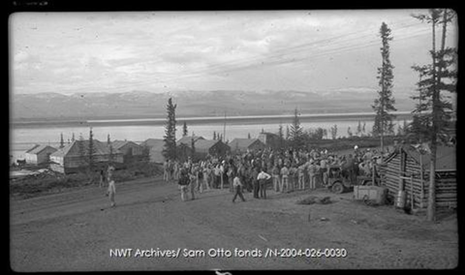 A military marching band plays at a Canol camp in the early 1940s. NWT Archives/Sam Otto fonds/N-2004-026: 0030