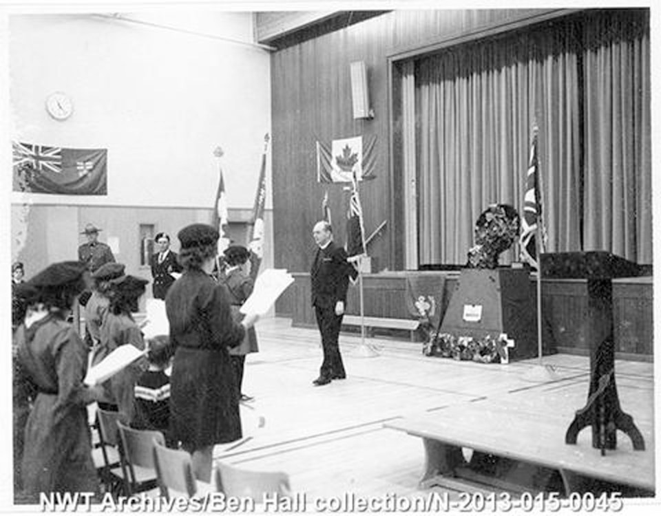A Remembrance Day service in a Hay River school gymnasium in the 1960s. NWT Archives/Ben Hall collection/N-2013-015: 0045