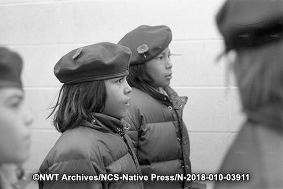 Cadets in Yellowknife on Remembrance Day 1976. Tessa Macintosh/NWT Archives/Native Communications Society fonds - Native Press photograph collection/N-2018-010: 03911