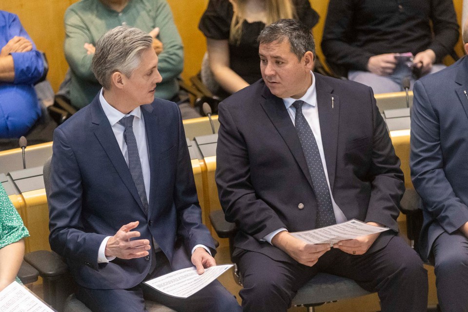 Hay River MLAs RJ Simpson, left, and Vince McKay. Ollie Williams/Cabin Radio