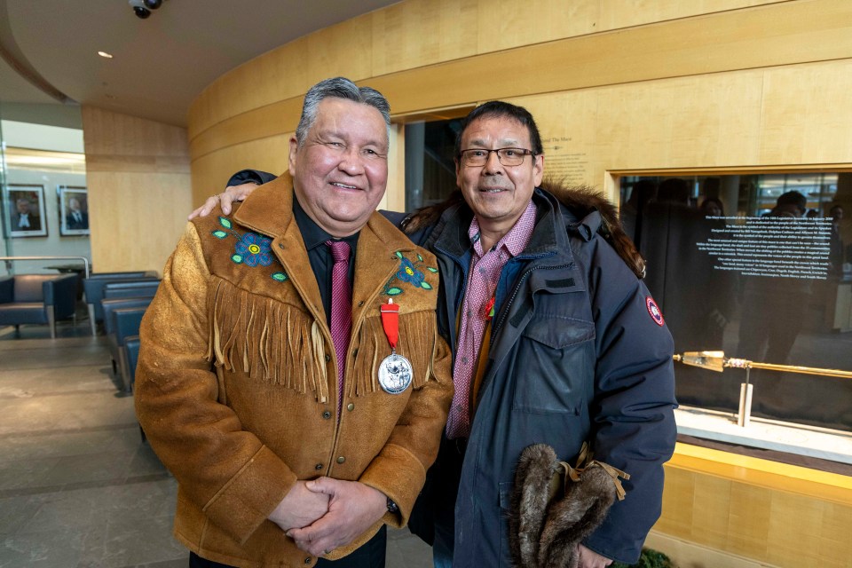 Richard Edjericon, left, and Chief Ernest Betsina. Ollie Williams/Cabin Radio