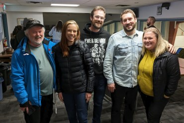 From left: former Frame Lake MLA Kevin O'Reilly, Yellowknife South's Caroline Wawzonek, former Yellowknife North MLA Rylund Johnson, Frame Lake MLA-elect Julian Morse and Kam Lake's Caitlin Cleveland. Bill Braden for Cabin Radio