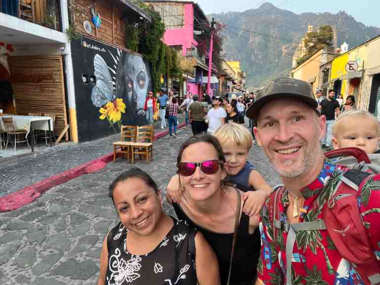 Left to right: Xochitl Ramirez Valesco, Christine Wenman, Aven McIntosh, Richard McIntosh and River McIntosh, in Tepoztlan, Mexico in November 2022. Photo: Supplied