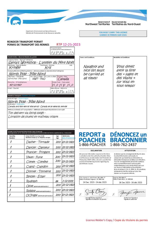 The NWT government's 2023 reindeer transport licence for Kris Kringle. Image: GNWT