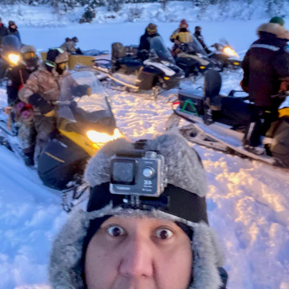 Shaun Moosenose, sporting a GoPro, takes a selfie mid-ride.