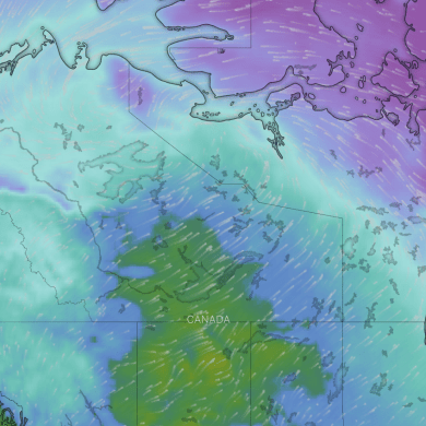 A weather graphic shows, in green, a pocket of warm air expected to reach Yellowknife on Wednesday.