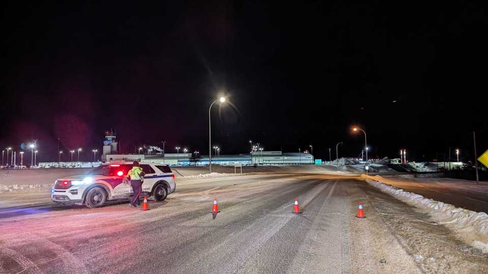 The road closure immediately outside Yellowknife Airport. Sarah Pruys/Cabin Radio