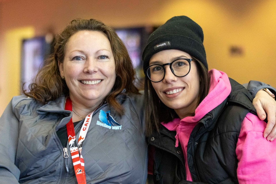 Kacee MacLean, left, and Katie Armstrong at the One for All girls' hockey weekend. Ollie Williams/Cabin Radio