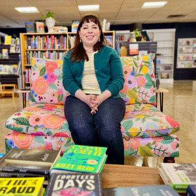 Jenn Baerg Steyn inside the Yellowknife Book Cellar. Ollie Williams/Cabin Radio