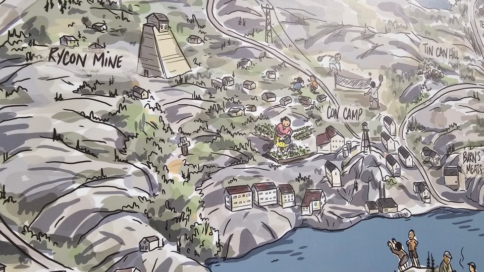 A detail from an Alison McCreesh map of Yellowknife as it looked in the 1950s.
