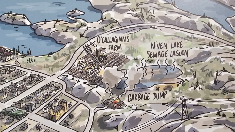 A detail from an Alison McCreesh map of Yellowknife as it looked in the 1950s.