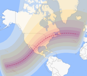A timeanddate.com map of the 2024 solar eclipse, showing the path of totality in red and pink. The NWT is barely touched even by a partial eclipse.