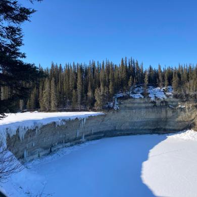 Náįlįcho, also known as Big Falls or Lady Evelyn Falls, in its frozen state on March 30, 2024. Photo: Margaret Leishman