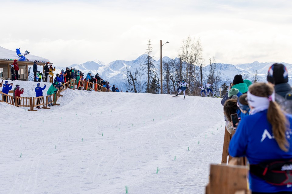 Joe Curran leads a pack of skiers to the finish on March 12, 2024. Ollie Williams/Team NT