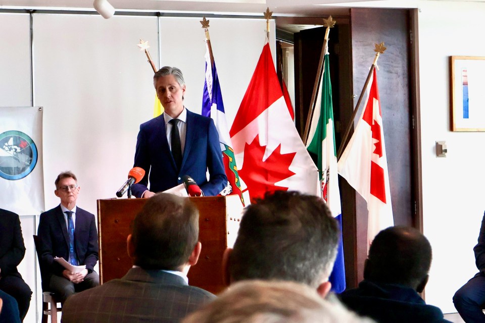 Premier RJ Simpson speaks about the defence policy update at JTFN headquarters in Yellowknife. Emily Blake/Cabin Radio