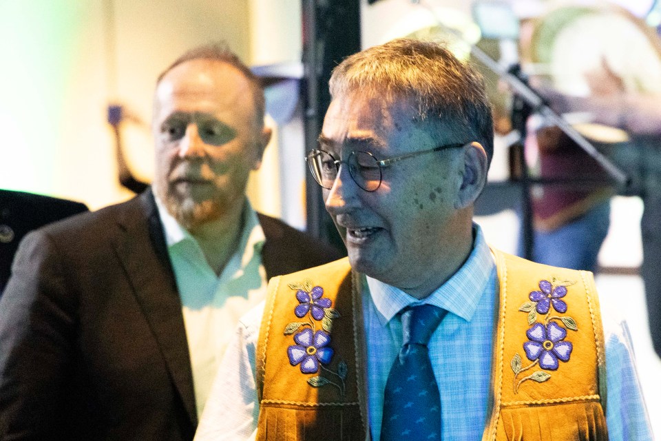 Darrell Beaulieu, right, during a drum dance at an event on the evening of April 11, 2024. Ollie Williams/Cabin Radio