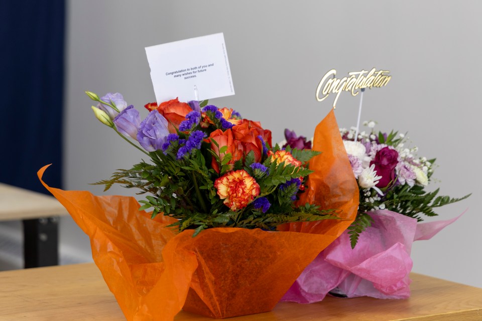 A congratulatory flower bouquet at From Scratch on its first day. Ollie Williams/Cabin Radio