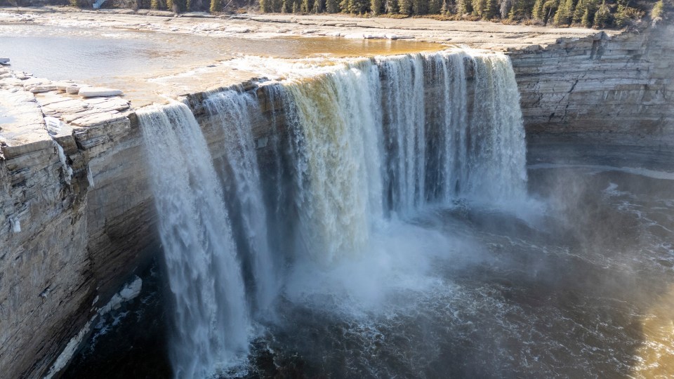 Alexandra Falls in April 2024. Ollie Williams/Cabin Radio