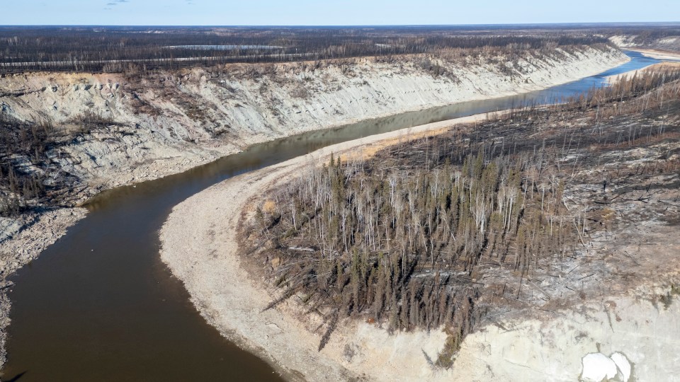 The Hay River in April 2024. Ollie Williams/Cabin Radio