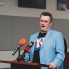 Garett Cochrane speaks at a press conference in 2024. Sarah Pruys/Cabin Radio