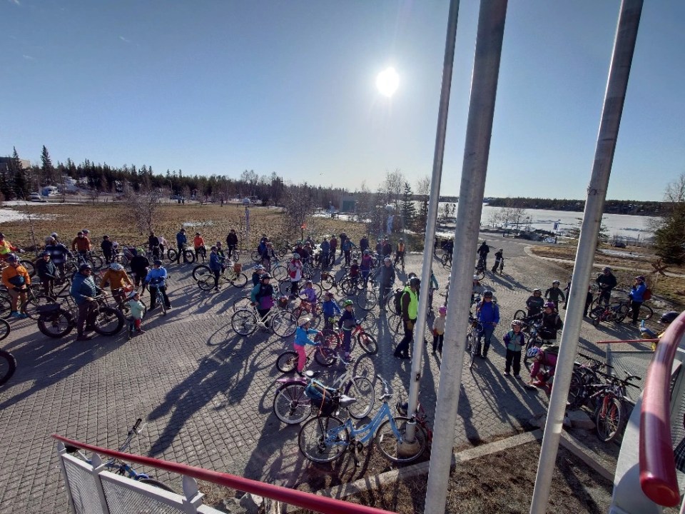 Cyclists outside City Hall on April 22, 2024. Photo: Adam Denley