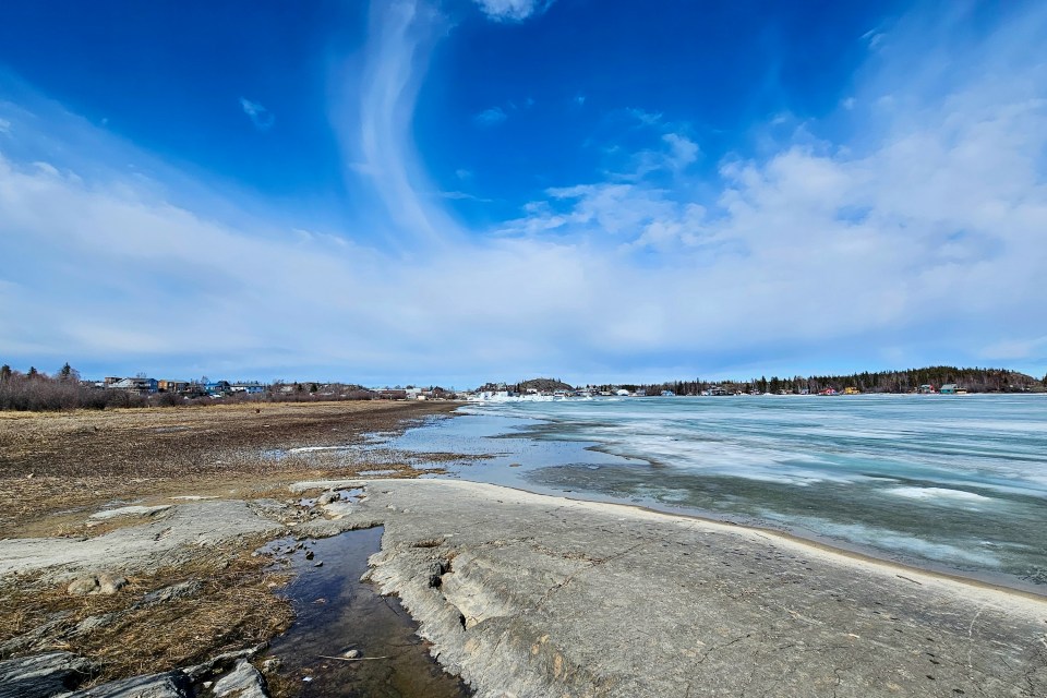 Low water on Yellowknife Bay in early May 2024. Ollie Williams/Cabin Radio