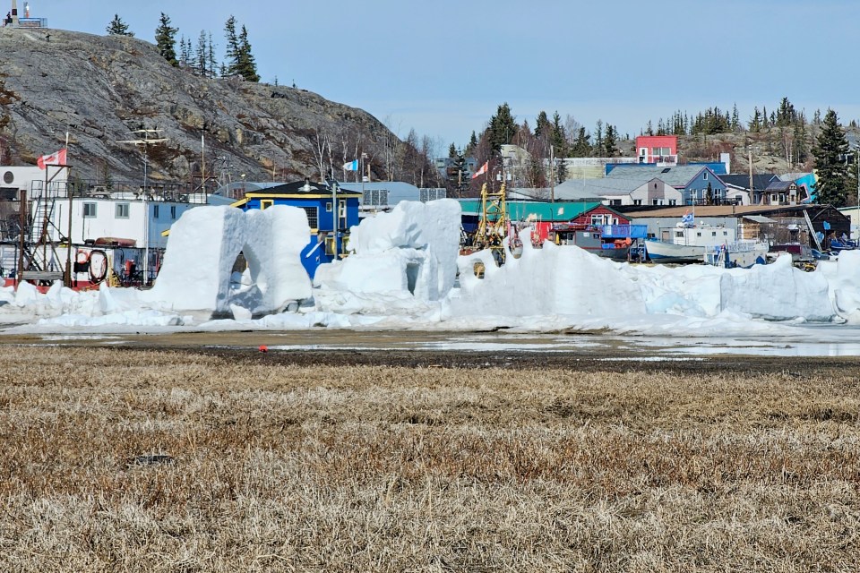 The melting Snowcastle with virtually no water around it on May 5, 2024. Ollie Williams/Cabin Radio