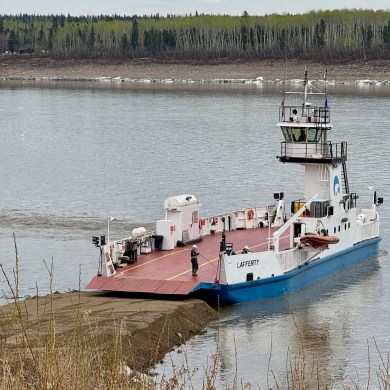 The MV Lafferty ferry enters the water ahead of the 2024 summer season. Photo: Jonathan Antoine